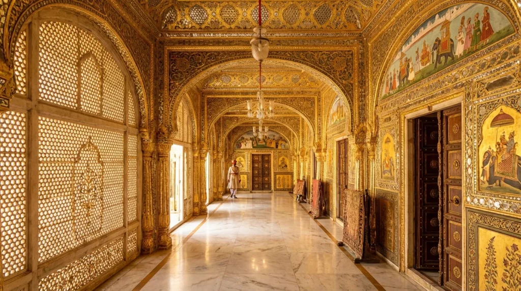 Intricate gold-leafed corridors of a royal heritage palace in Rajasthan showing traditional Indian architecture.