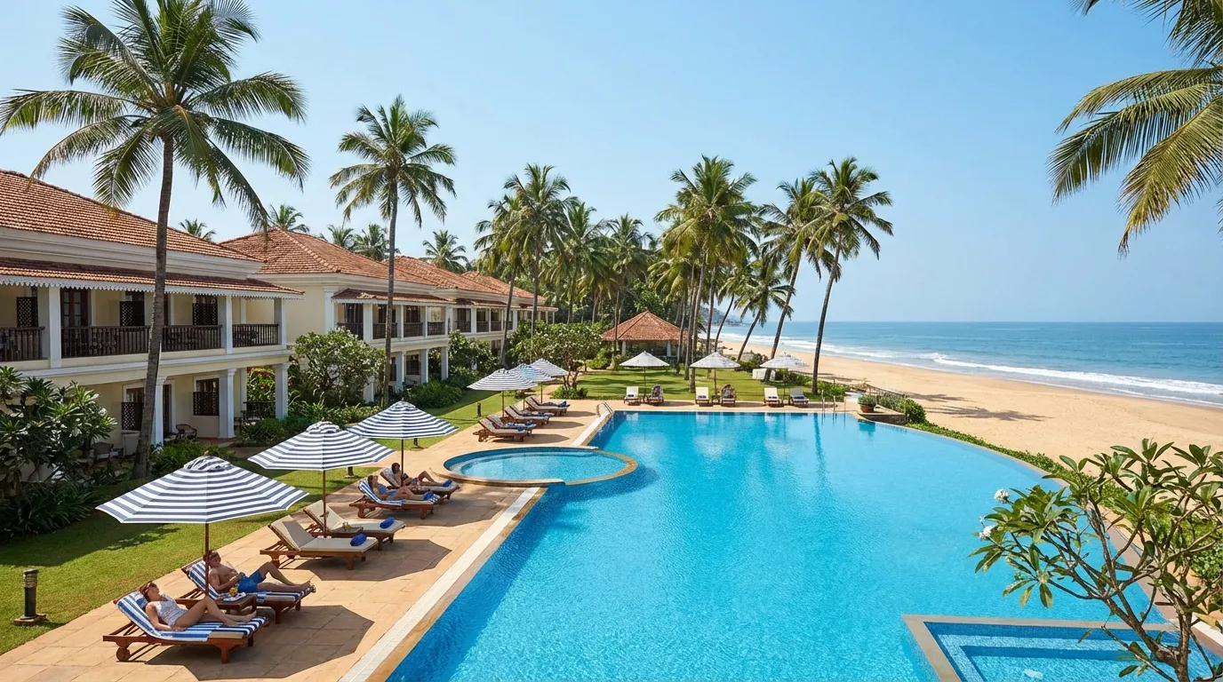 Taj Exotica Resort and Spa Goa beachfront wooden pier leading to Benaulim beach.