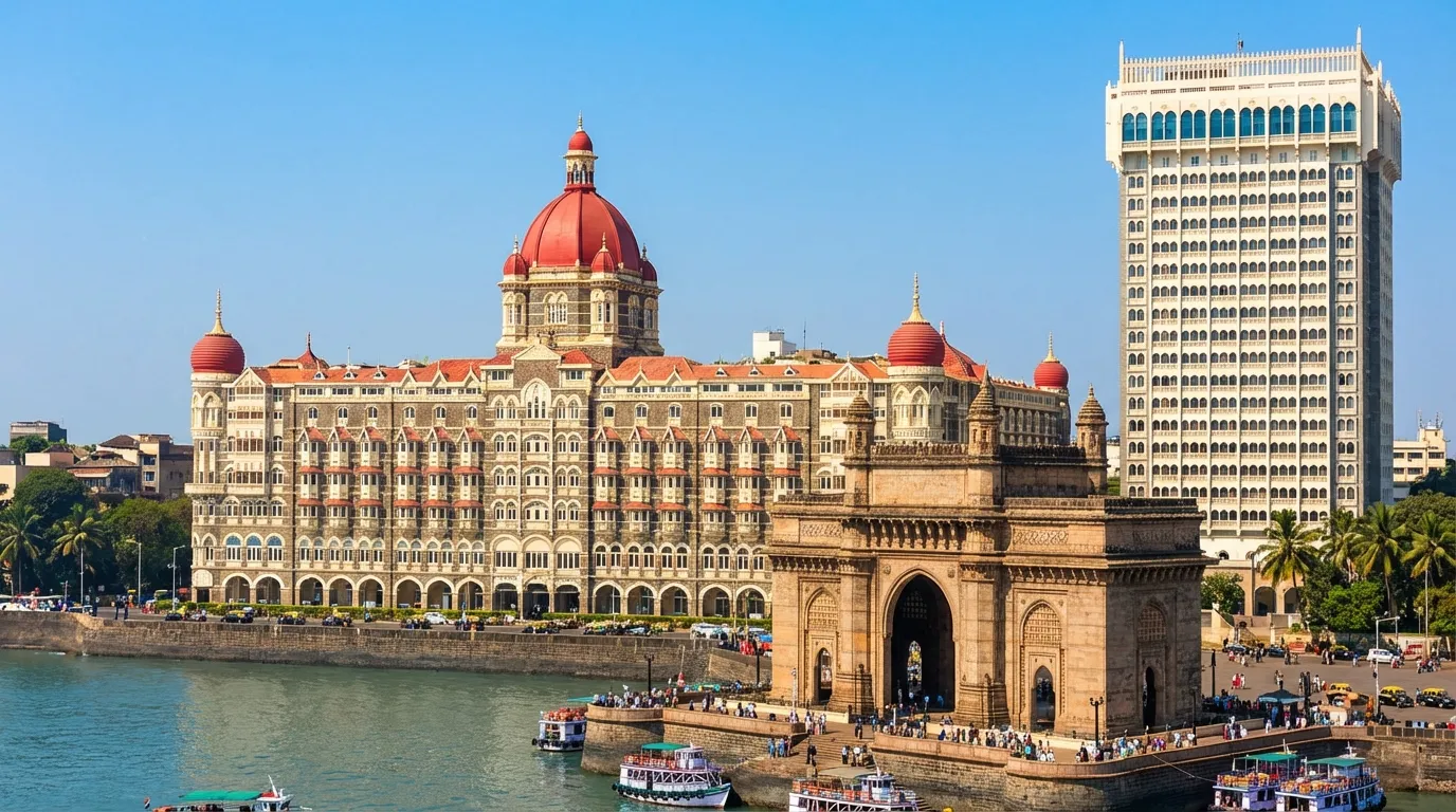 The Taj Mahal Palace Hotel Mumbai luxury hotel exterior overlooking the Gateway of India.