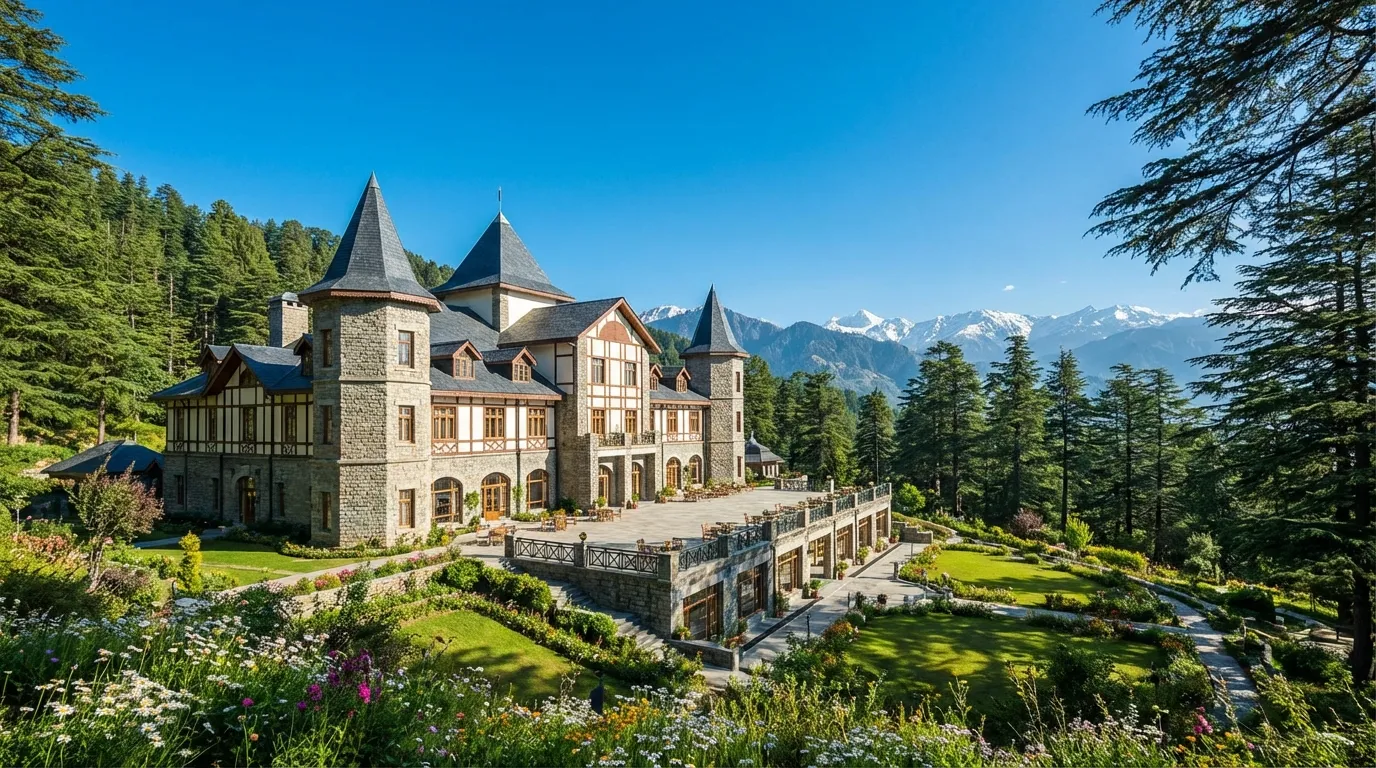 Wildflower Hall Shimla Oberoi Resort exterior with Himalayan mountain views and traditional architecture.