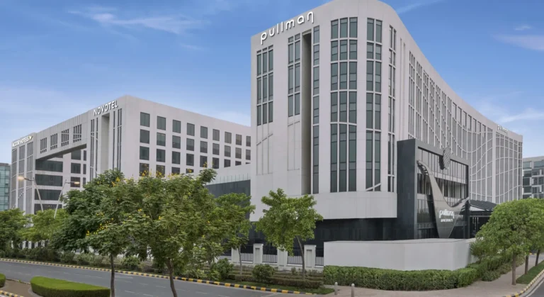 Exterior view of Pullman New Delhi Aerocity luxury hotel with modern architecture in Aerocity